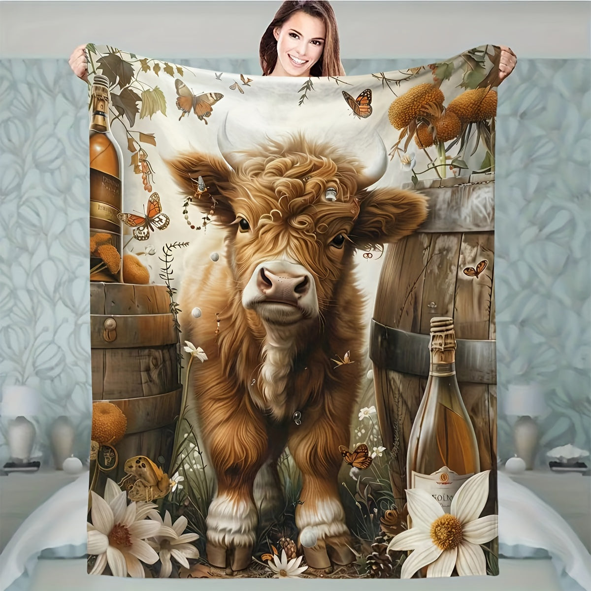 Highland Cow and Wine Barrel Printed Throw Blanket in Contemporary Style - Versatile, Cozy, and Long-Lasting for Any Time of Year