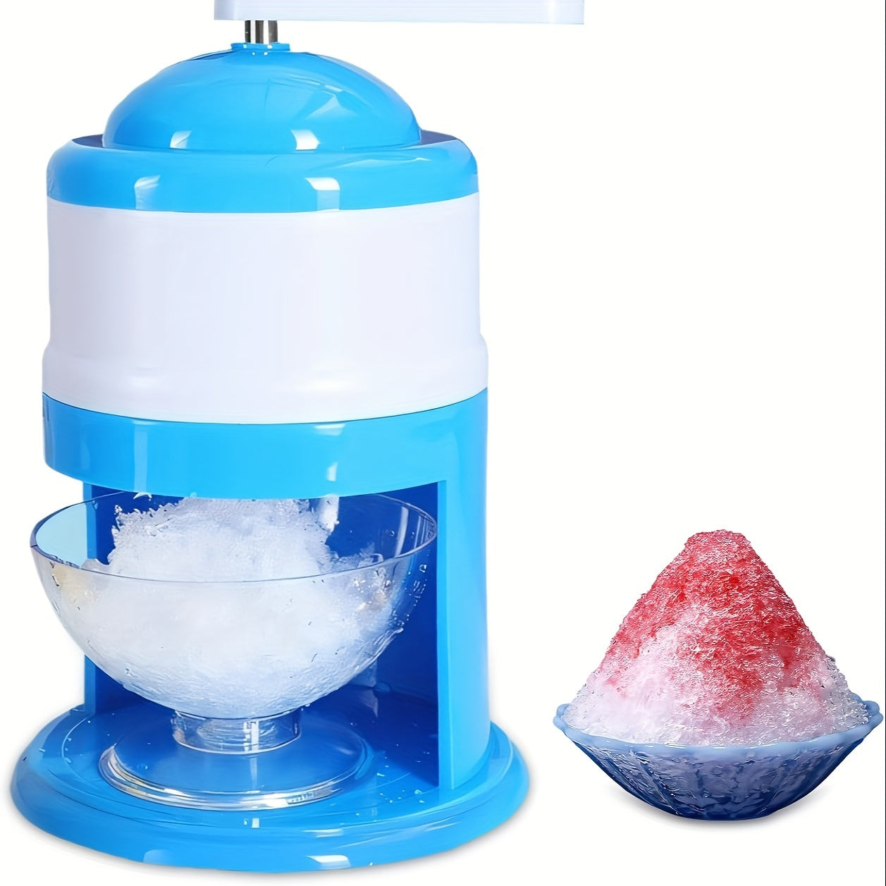 Stay cool this summer with the Portable Snow Cone & Shaved Ice Maker! This hand crank machine is made of durable ABS plastic in blue and white colors. Perfect for summer parties and home use, this machine requires no electricity to operate.