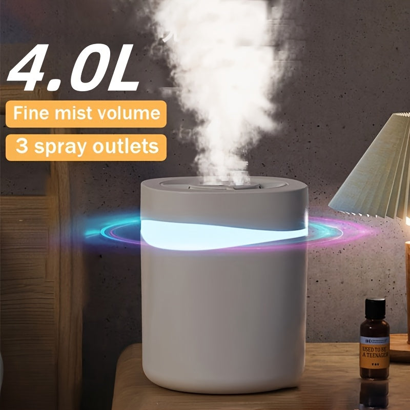 USB-powered 4.0L large capacity humidifier with cool mist. Quiet operation, doubles as aroma diffuser and humidifier with three mist outlets. Non-rechargeable, offers various mist settings