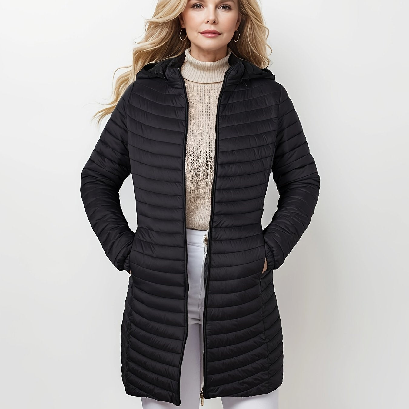 Women's lightweight puffer coat with detachable hood, perfect for winter comfort.