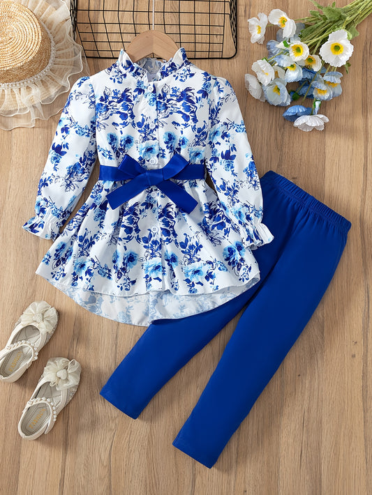 Girls' three-piece set with fashionable floral print, belt buckle detail, plain color, and long pants suit, perfect for spring and autumn.