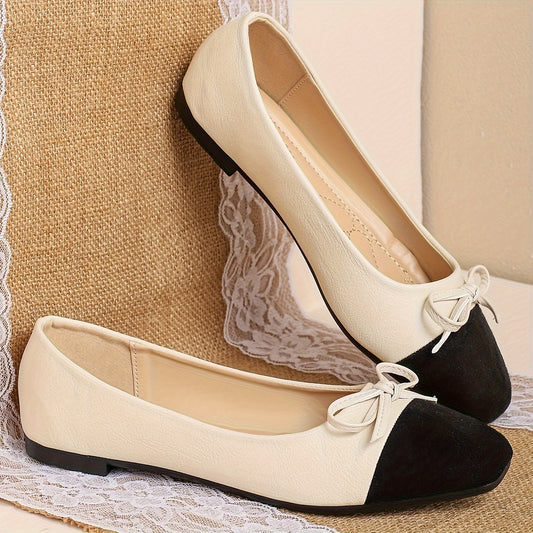 Women's colorblock comfy flats with soft sole, bowknot decor, large size, lightweight, low-top dress shoes.