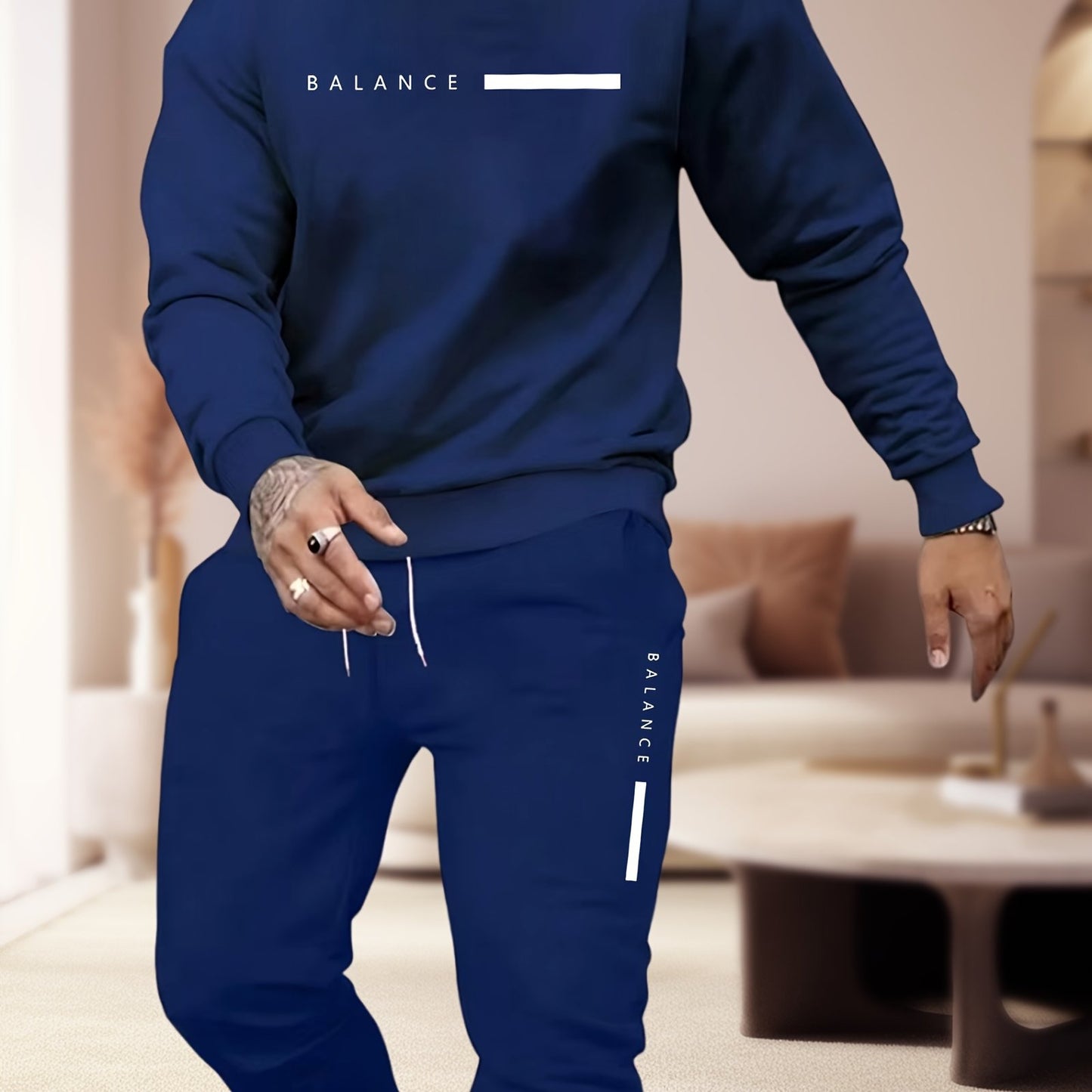 Men's casual 2-piece set: Polyester sweatshirt & joggers with unique print design, machine washable, round neck, and pockets.