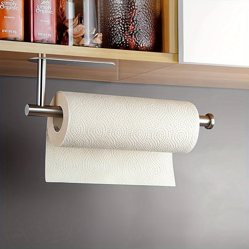 Paper Towel Holder for Under Cabinet Mounting, Versatile Silvery Design with Optional Drilled or Self-Adhesive Installation, Stainless Steel Holder for Paper Towel Rolls, Ideal for Kitchen, Pantry, or Bathroom Organizing