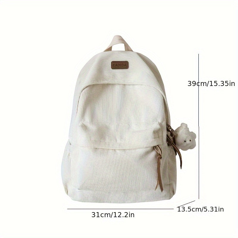 Large capacity women's corduroy backpack with cute bear pendant, ideal for high school and junior high.