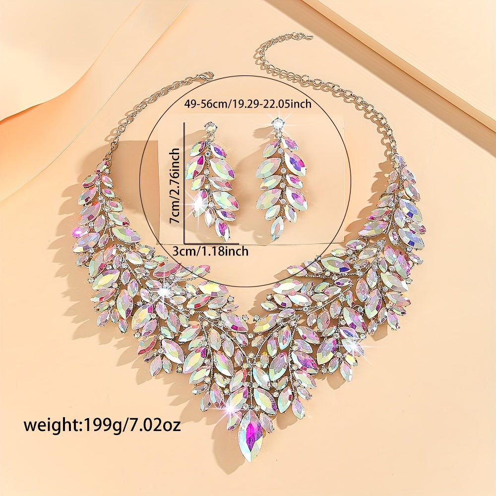 Luxurious wedding jewelry set crafted with fine materials and adorned with shimmering artificial crystals. This exquisite 3-piece set includes a necklace and earrings, perfect for weddings and special events. A timeless gift for any occasion, making it