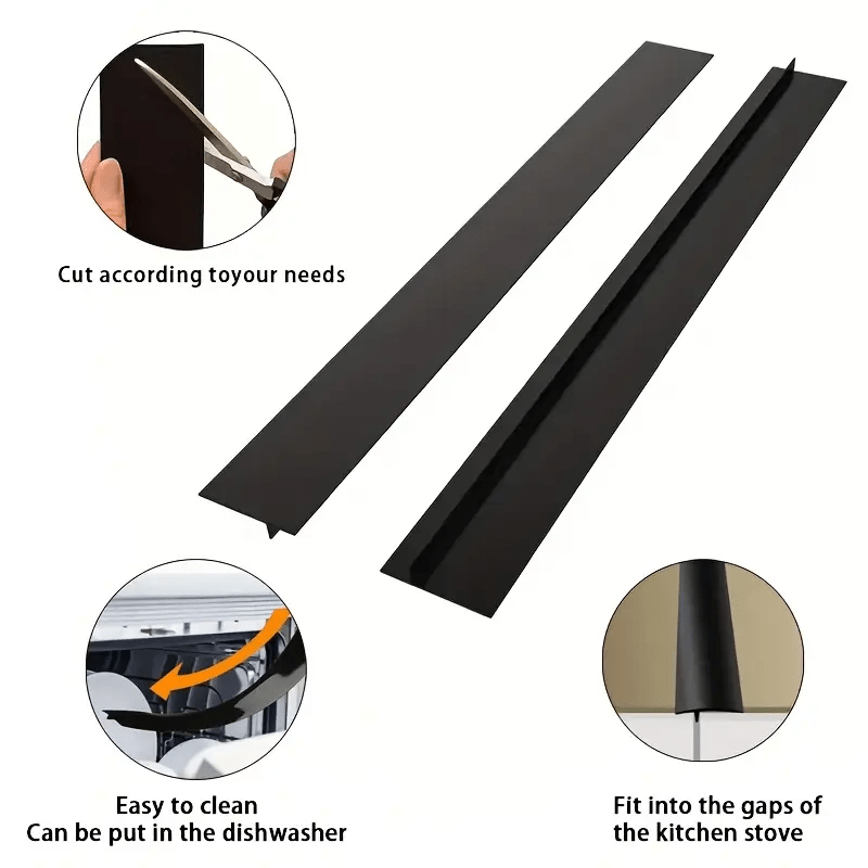 Two pieces of heat-resistant silicone stove and counter gap covers that are easy to install kitchen accessories for sealing between stovetop and cabinets. These mess-free edge detailing stove gap covers feature a smooth surface design and are stove top