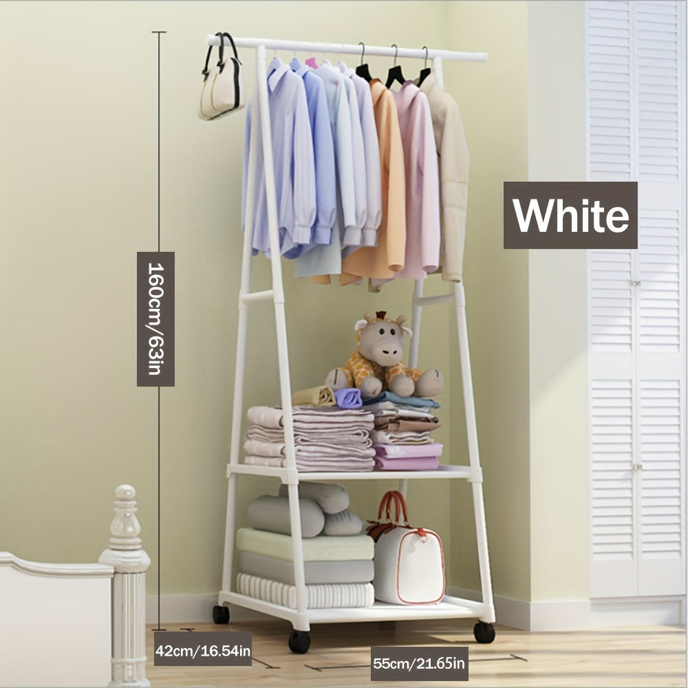 Versatile Metal Clothing Rack with Triangular Wheeled Stand, Portable Multi-Layer Organizer for Hanging Clothes and Coats, Ideal for Home, Kitchen, and Closet Organization.