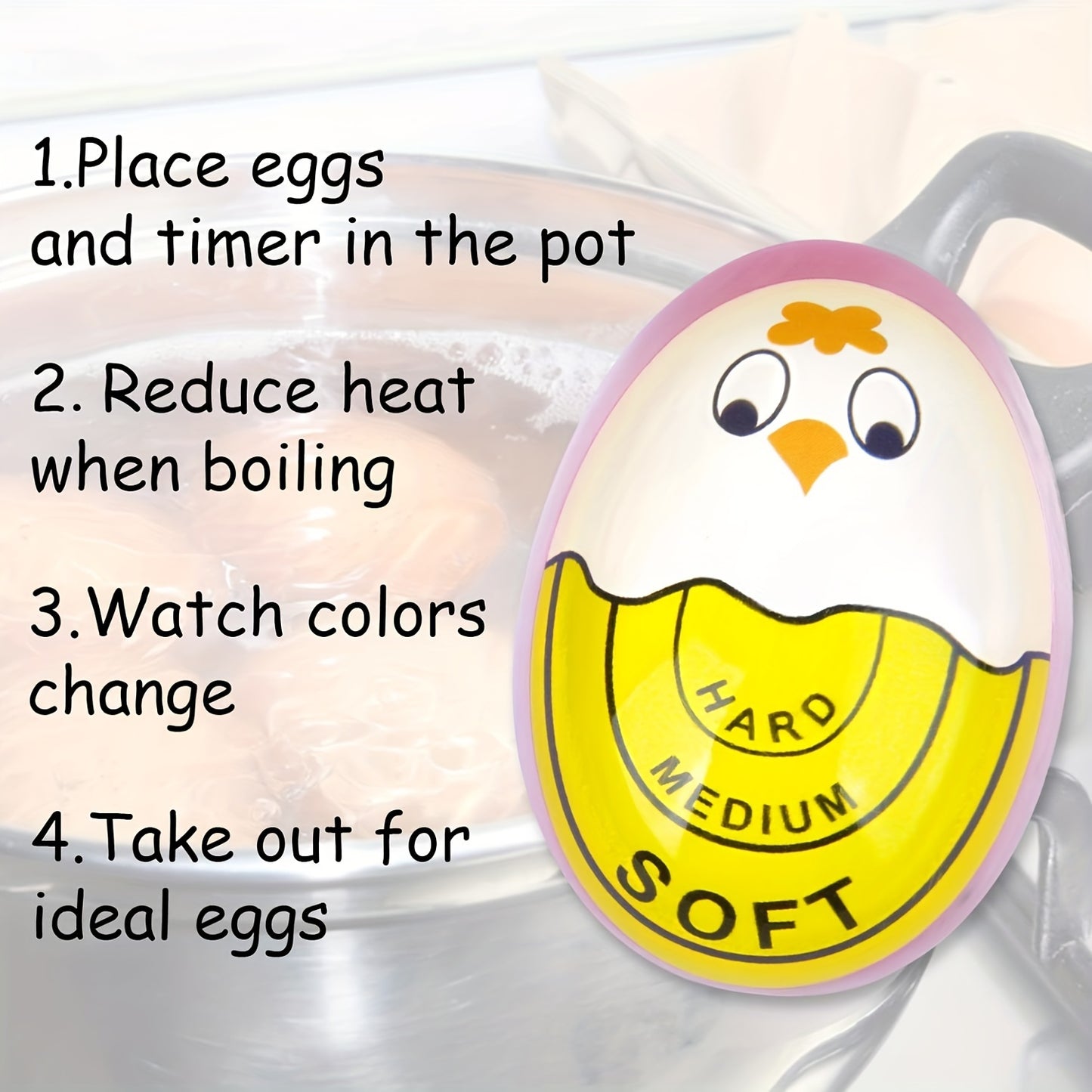 Yuhuphyllic color-changing egg timer - reusable kitchen tool for perfectly cooked eggs, ideal for breakfast and cooking. Playful design with durable plastic construction.