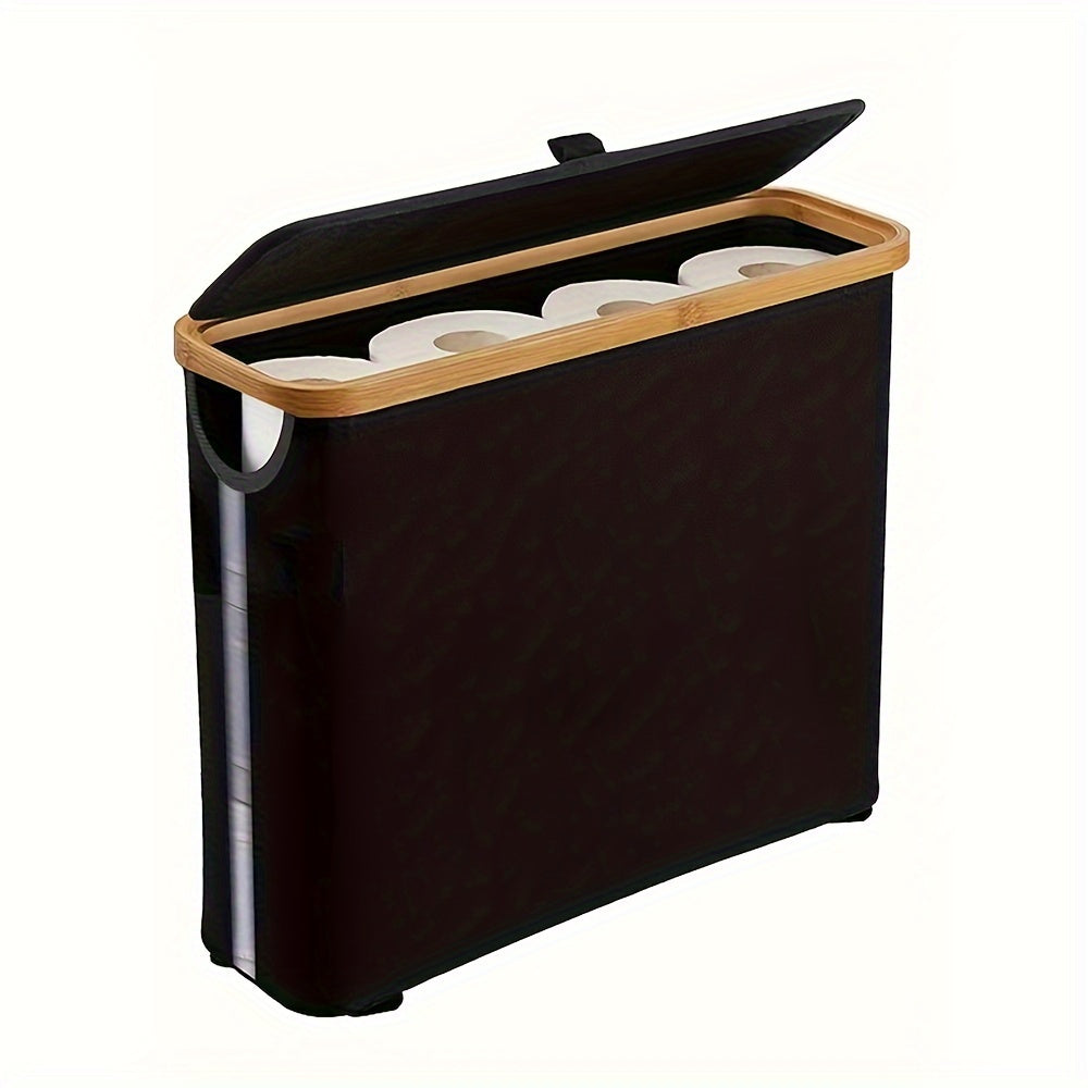 One sleek black bamboo storage basket for the bathroom featuring a handle and lid. This rectangular organizer is perfect for neatly storing tissue rolls, hand towels, and other bathroom accessories. Its ultra-thin design makes it ideal for small spaces