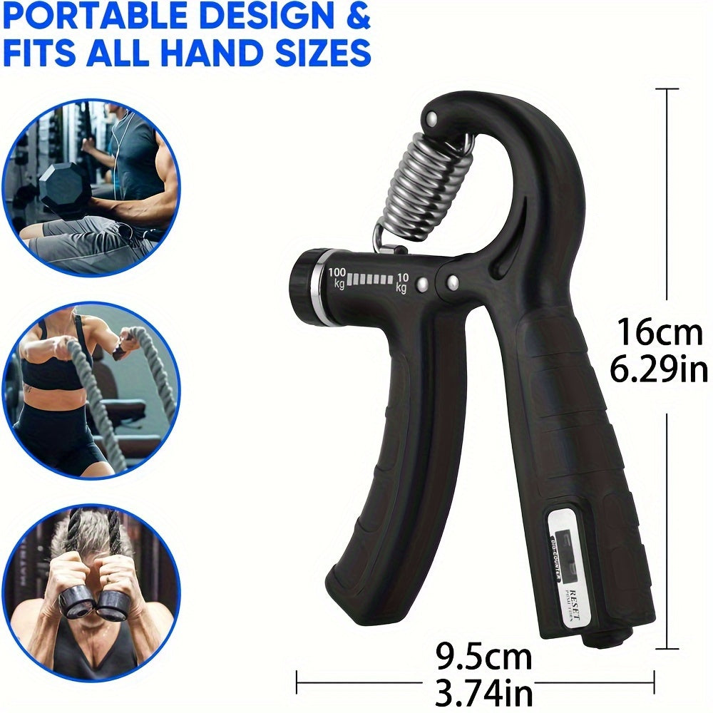 Portable finger trainer with counter for hand & arm workouts, rehabilitation, and muscle building.