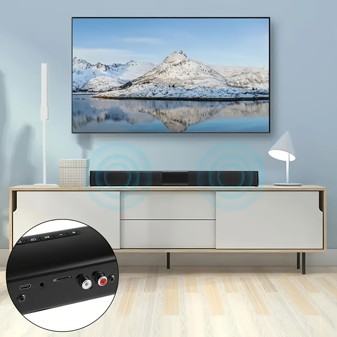 Wireless soundbar with built-in subwoofers and stereo speakers for use with computers, smartphones, and tablets, featuring button control and USB charging.