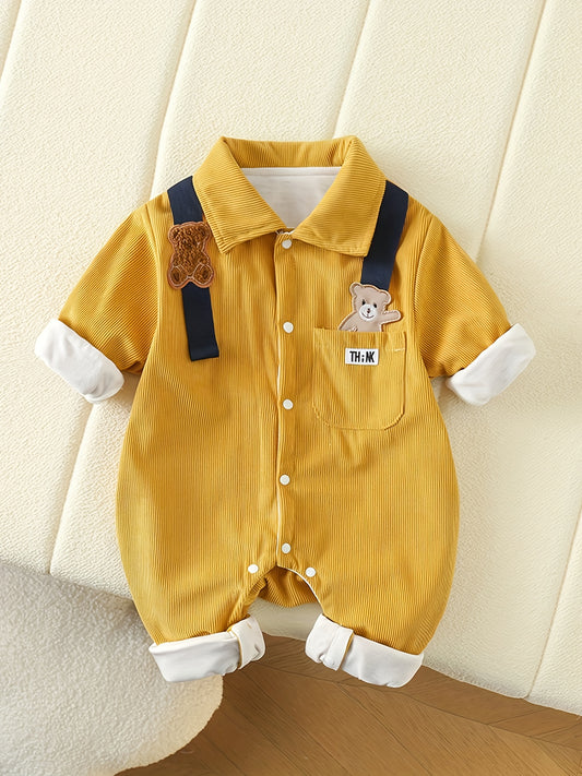 Mustard yellow bear patchwork romper with striped straps for baby boys is made of 100% polyester and has a casual style, perfect for spring/fall and outdoor activities.