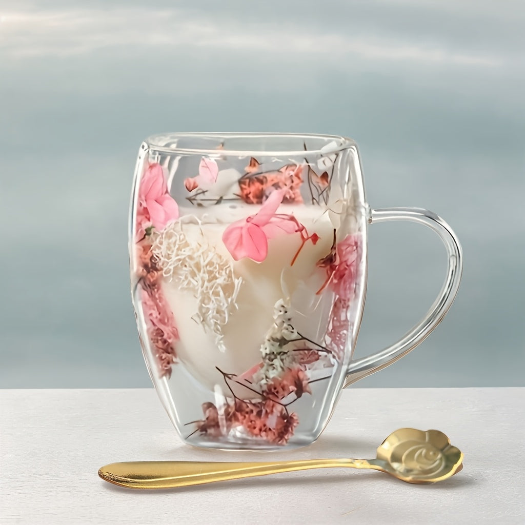 Set of 2 Floral Double-Wall Glass Mugs with Spoons, 11.83 oz Each, Non-Toxic and Durable, Hand Wash Recommended, Suitable for a Variety of Hot Beverages, Great for Home Entertaining and Gift-Giving on Special Occasions like Christmas, Thanksgiving