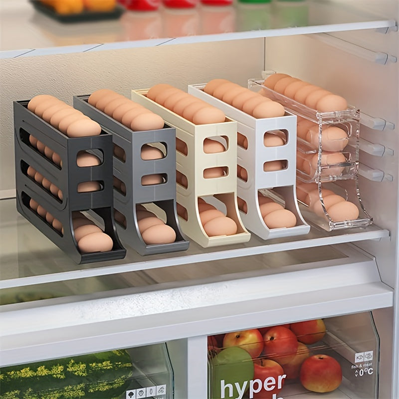 Refrigerator egg storage box with automatic rolling rack and large capacity for eggs, made of ABS material.