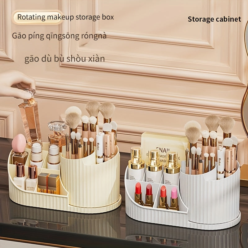 Durable rotating makeup organizer and desk caddy made of plastic, ideal for storing brushes, lipsticks, skincare products, and stationery. Space-saving, elegant white finish with odorless