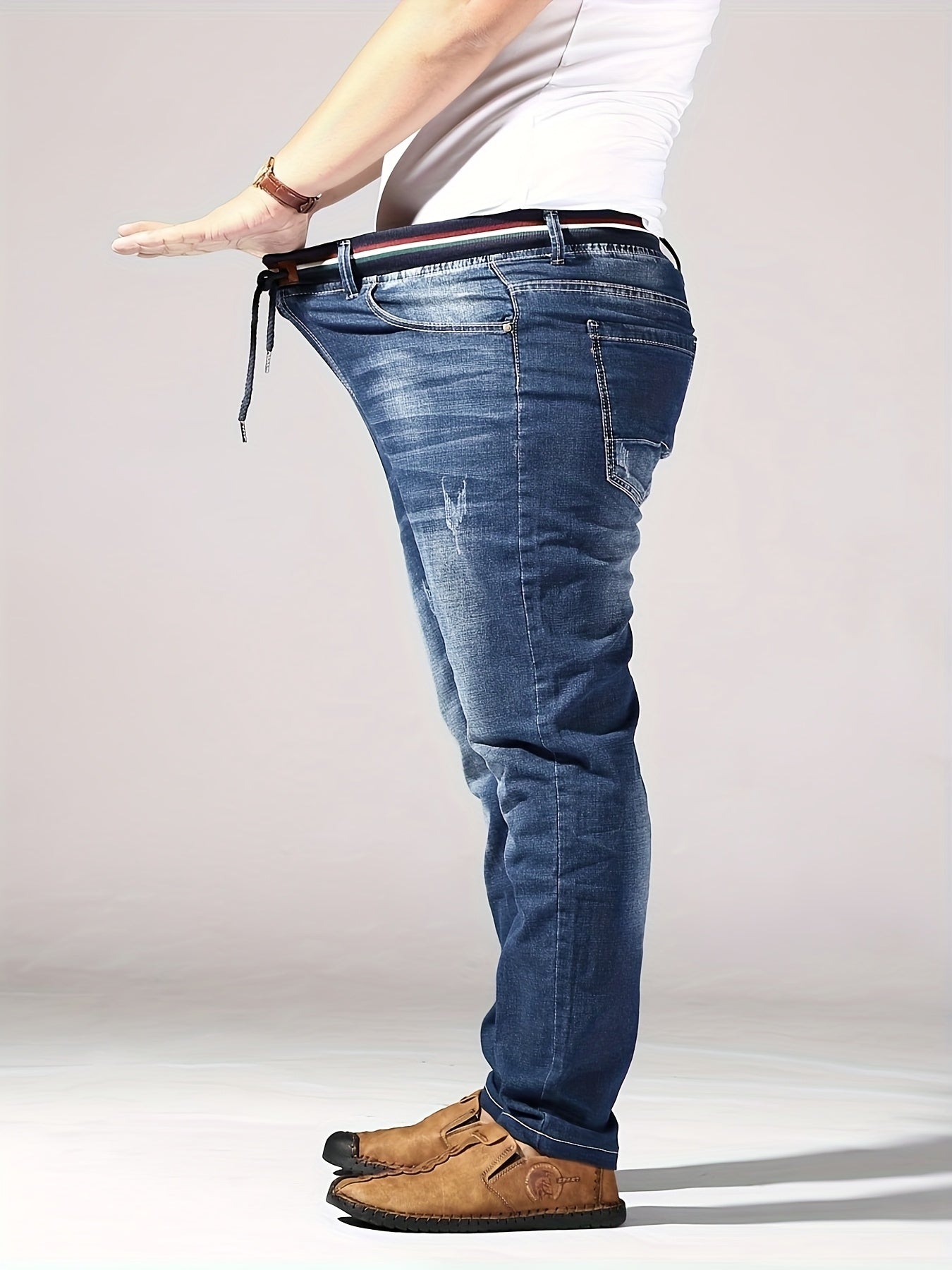 Men's Plus Size Slim-Fit Stretch Denim Jeans with Elastic Waistband, perfect for Autumn and Spring