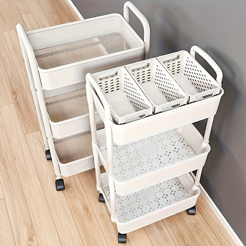 Multi-layer white plastic storage cart for kitchen, bathroom, and bedroom essentials. Can also be used as a snack or bedside storage rack.