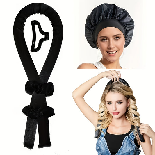 Women's 5-piece set includes no-heat curling iron, satin sleep cap, hair bands, claw clips, and rings for all hair types.