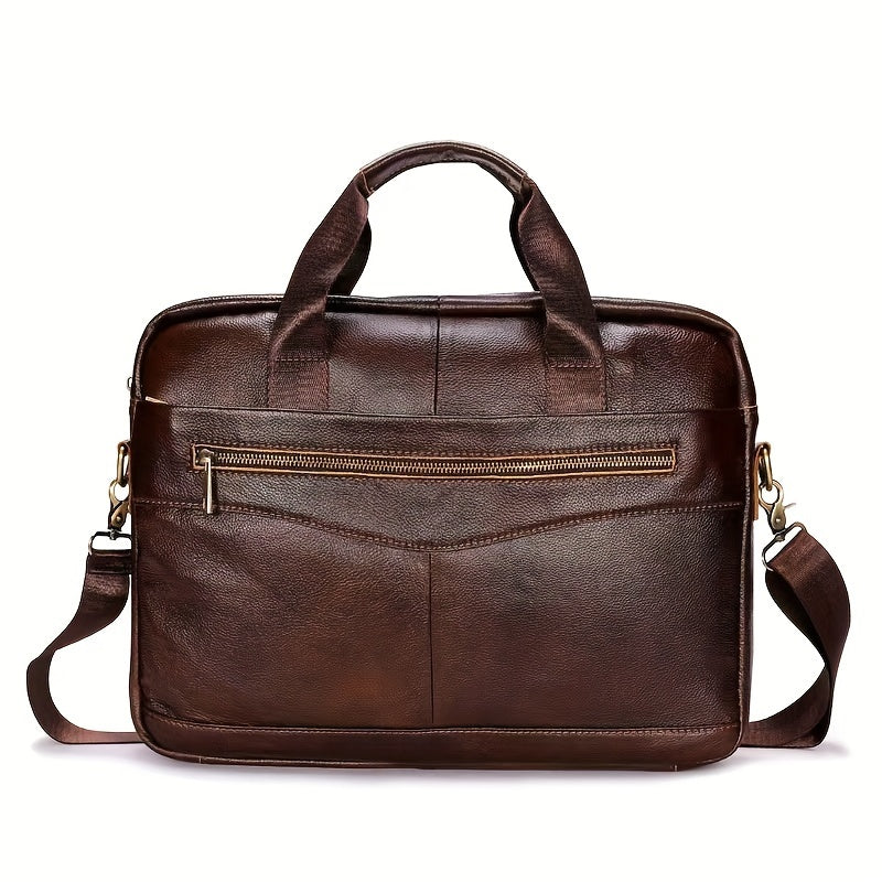 Large capacity laptop messenger bag made with genuine brown top grain cowhide leather for work and travel.