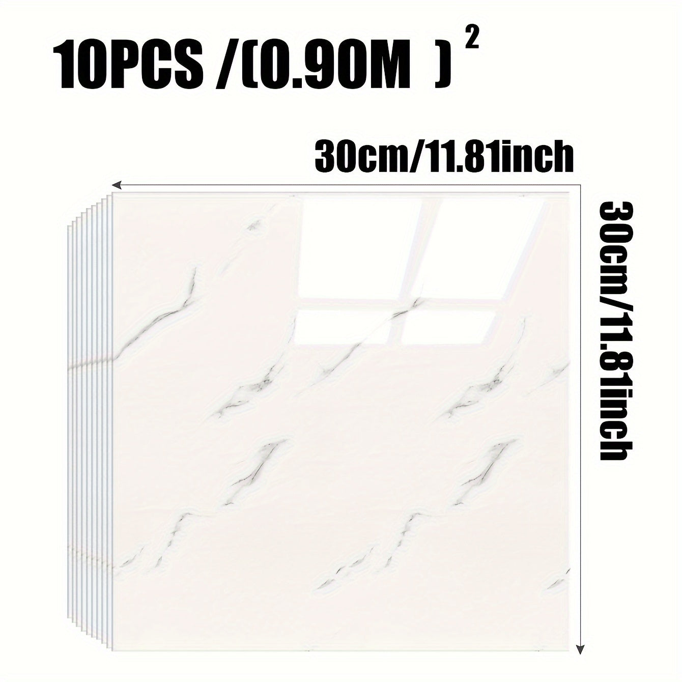 10pcs waterproof and moisture-proof PVC wall tiles, each piece 29.97x29.97 cm covering 0.9㎡ area, resembling marble ceramic tiles, perfect for kitchen and bathroom décor.