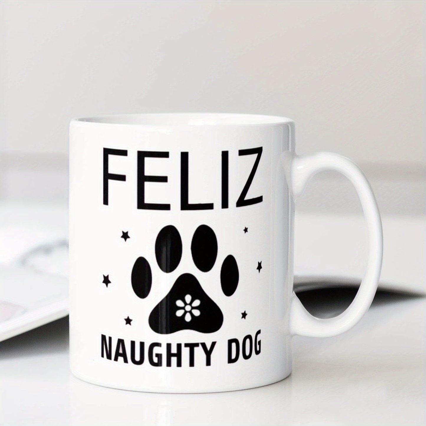 Керамическая кружка для кофе "Feliz Naughty Dog" - безопасна для контакта с пищей, не требует электроэнергии, идеально подходит для работы, активного отдыха, приема пищи - отличный праздничный подарок для любителей собак.