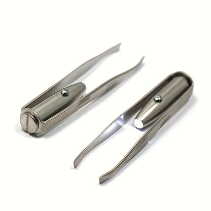 LED light stainless steel eyebrow tweezer with non-rechargeable battery-powered precision grooming tool.