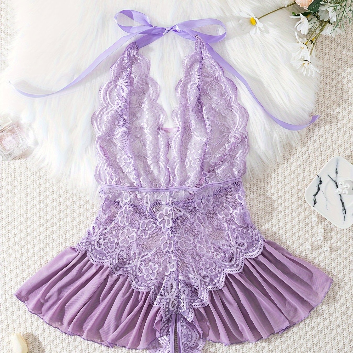 Solid purple lace teddy with ruffled backless halter bodysuit - women's sexy lingerie & underwear.