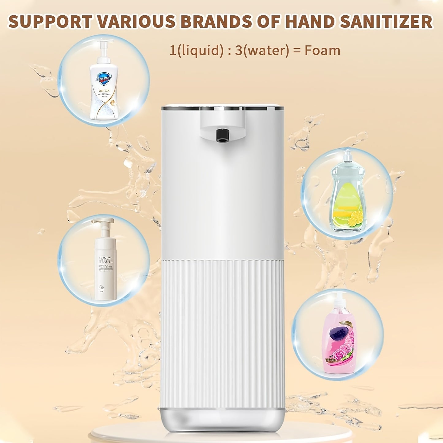 Foam soap dispenser with 360ml capacity, adjustable dispensing time, plastic material. Suitable for various spaces with wave pattern design.