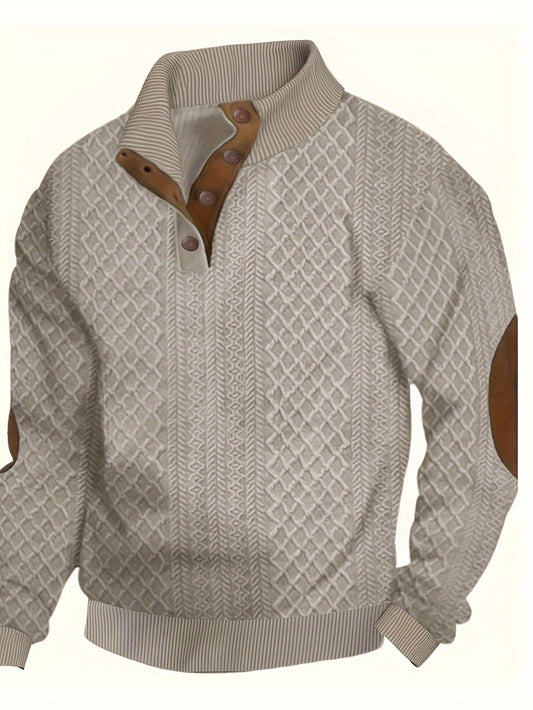 Men's plus size casual cardigan sweater in beige with geometric pattern, button-up front. Perfect for spring and fall. Lightweight and comfortable.