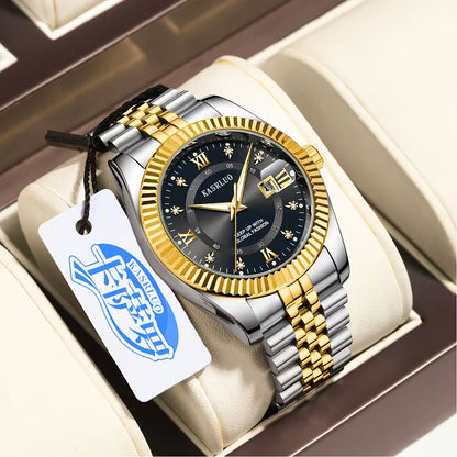 Elegant men's quartz watch with luminous date display, gold-tone stainless steel band, rhinestone detailing, and battery operation.