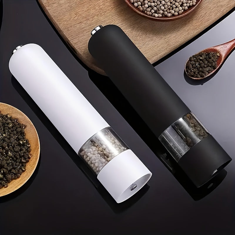 Automatic electric salt and pepper grinder set with adjustable coarseness, ideal for cooking and BBQs.