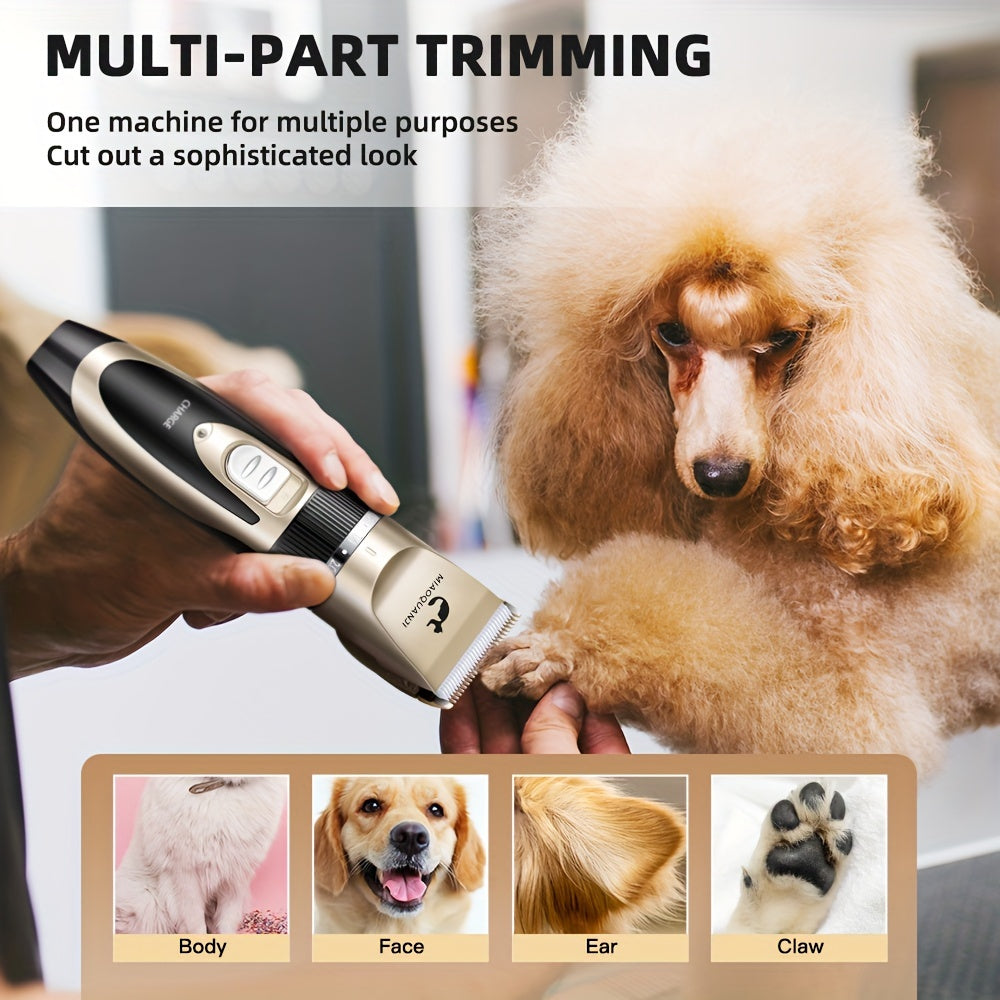 Silent, rechargeable grooming kit for dogs and cats. Includes low-noise clippers, 5 attachments, LCD display, and cleaning brush. Ideal for small to large pets.