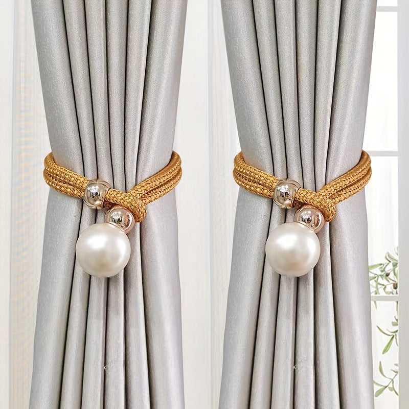 Set of 2 French Curtain Straps Featuring Faux Pearl Decor, Perfect for Home Decoration. Use these Faux Beads Curtain Straps to Adjust, Bind, or Tie Back Your Curtains. These Simple Binding Rope Accessories serve as Curtain Holdbacks for a stylish touch.