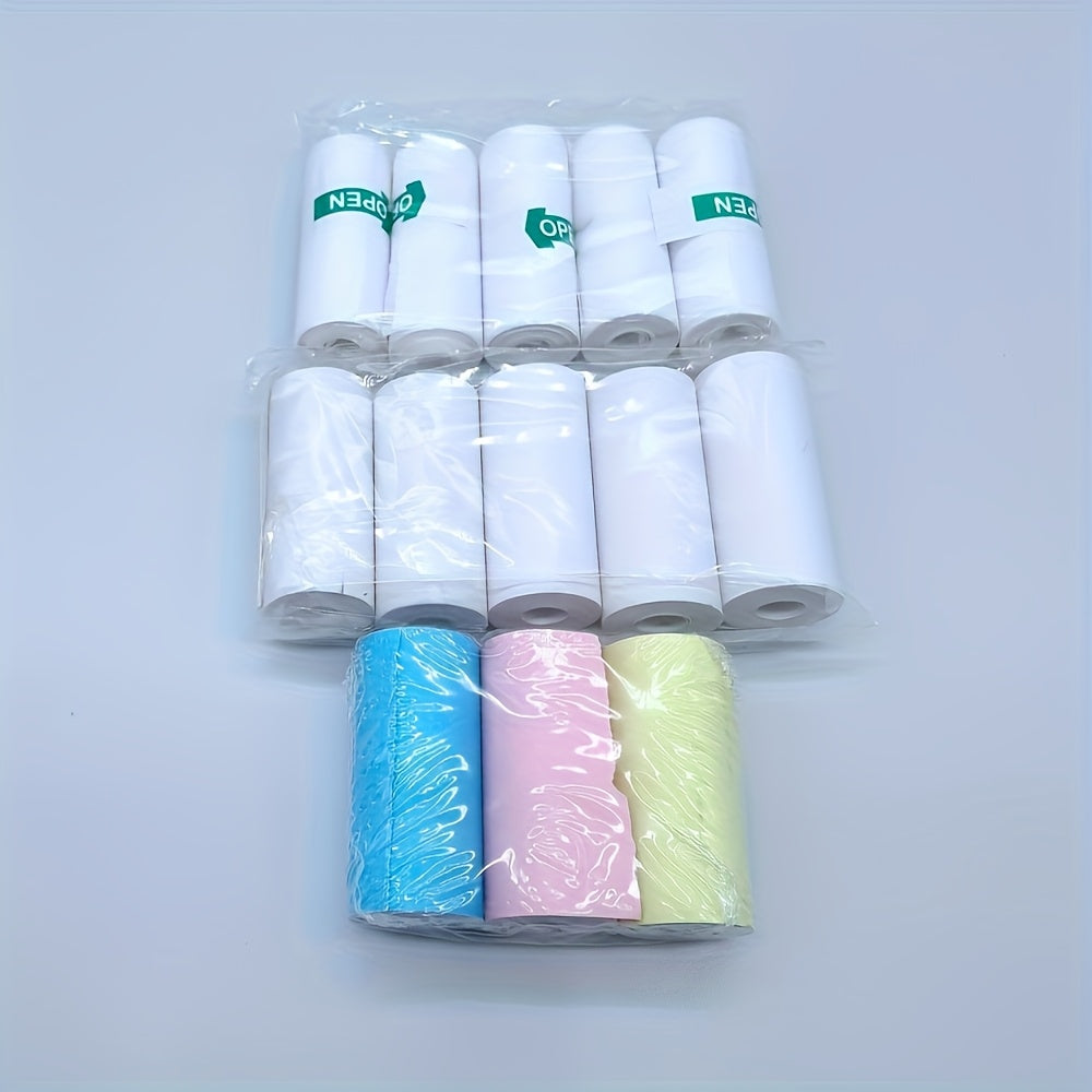 Mini printer camera thermal paper packaging set includes 13 rolls, including self-adhesive paper, color thermal paper, and regular thermal paper.