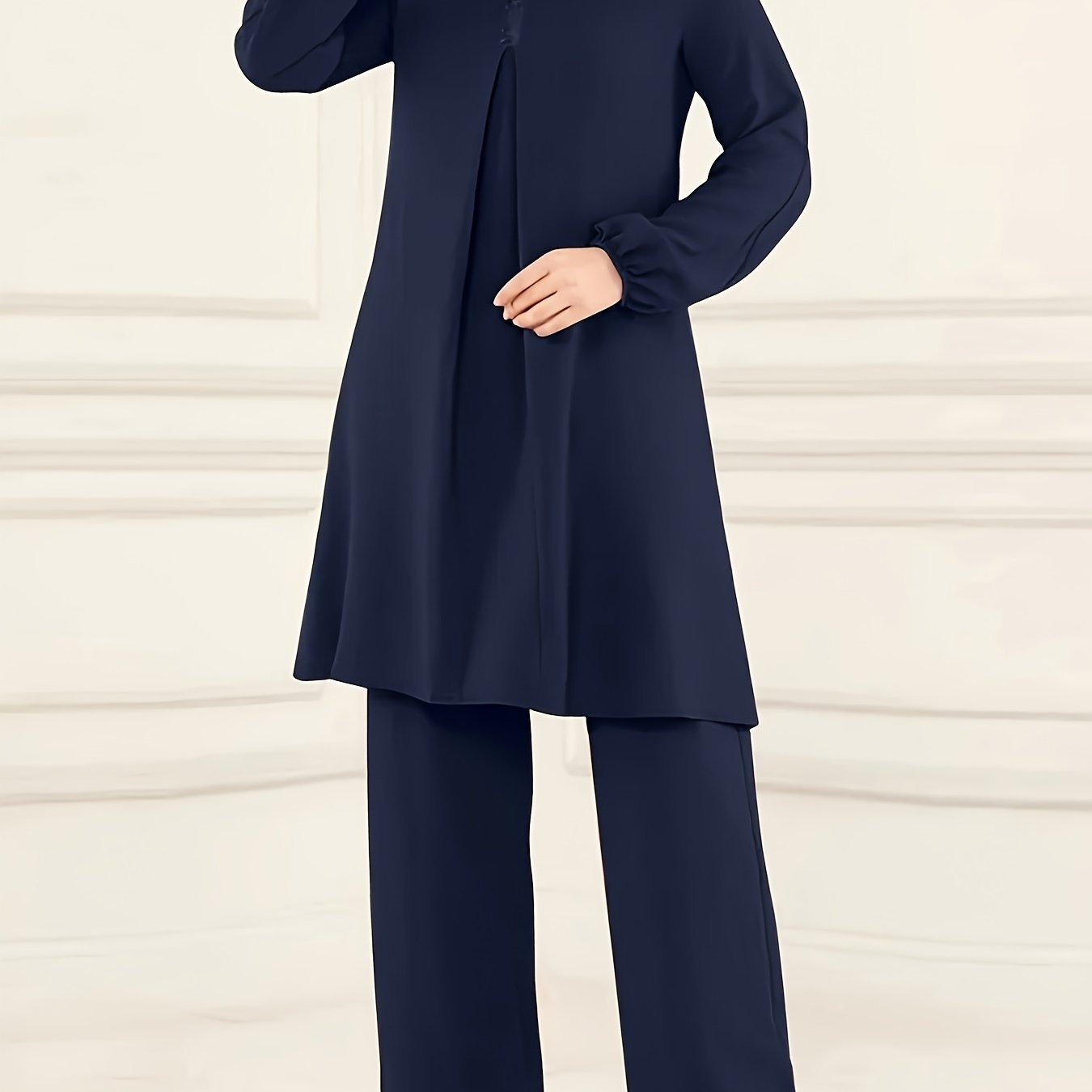 Ramadan Elegant Solid Muslim Two-piece Set for Women: Long Sleeve Crew Neck Top with Straight Leg Pants.