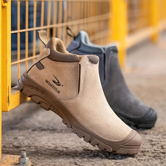 Safety shoes for industrial and construction sites, puncture-proof with steel toe and ankle support.