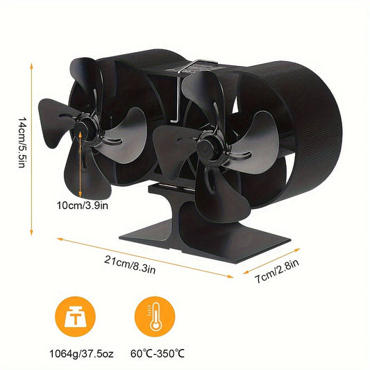 PANDAFAUCET Aluminum Dual Head 8-Blade Heat Powered Stove Fan - Portable Fireplace Fan with Application Control, Polished Finish, Toggle Switch - Wood Log Burner and Large Room Air Circulation - No Electricity Required