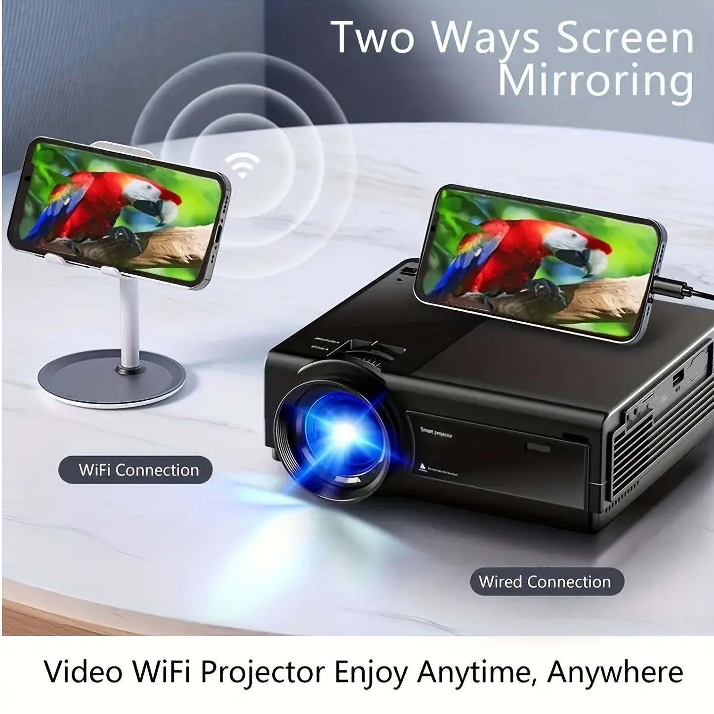 4k wifi projector, 12000 lumens portable native 1080P mini projector for phone 5G, suitable for outdoor short throw movie projection in home cinema and family meeting room.