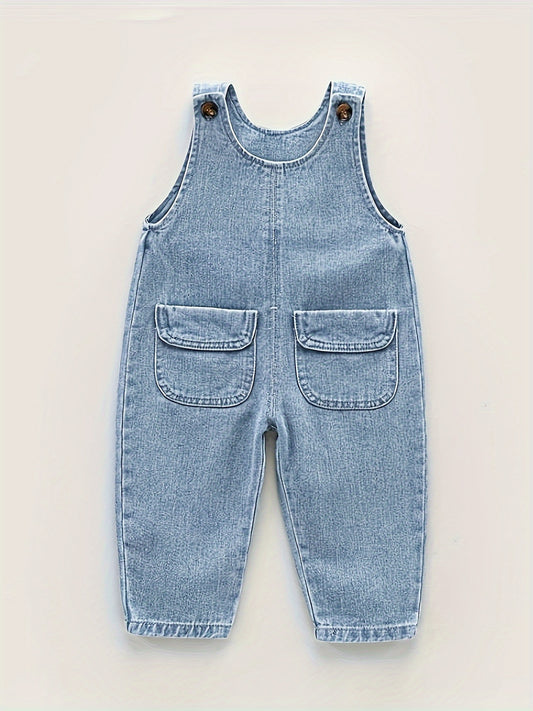 Light blue denim overalls for toddler boys with adjustable straps, pockets, and non-stretch fabric. Ideal for spring/fall and outdoor activities.