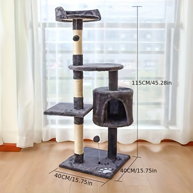 Premium wood fiber cat climbing tower for indoor cats, with scratching posts, cozy condo, and hanging toys.