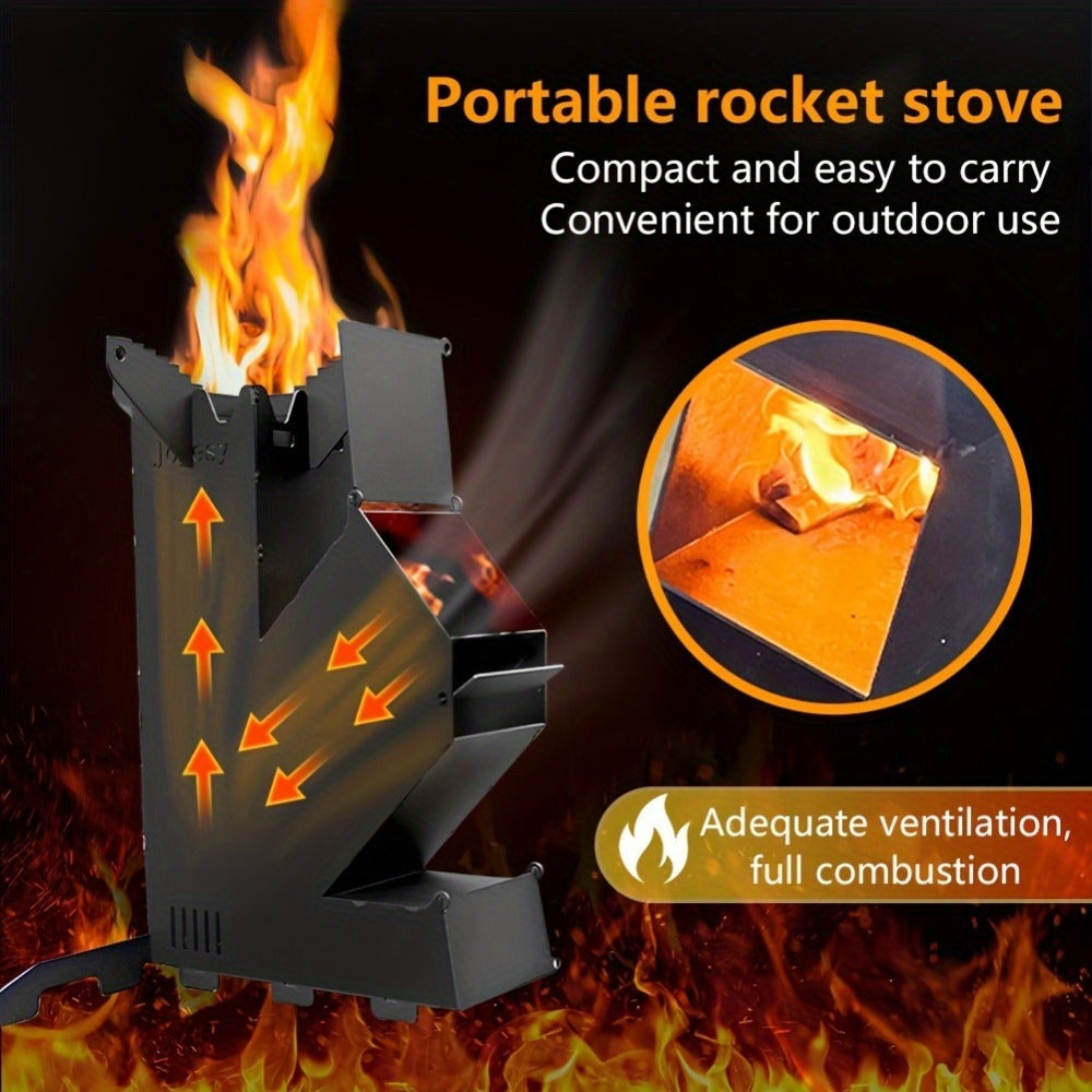 Portable rocket stove made of titanium alloy and stainless steel, perfect for camping, BBQ, picnic. Can burn multiple fuels such as charcoal and wood without the need for electricity. Durable metal construction with storage bag included.