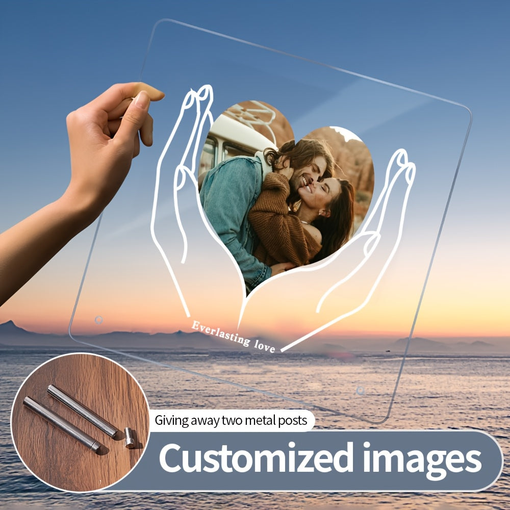 Single frame with LED light featuring personalized photo and customizable acrylic love heart design. Transparent stand for displaying pictures, perfect for celebrating special occasions such as anniversary, Valentine's Day, Christmas, Mother's Day