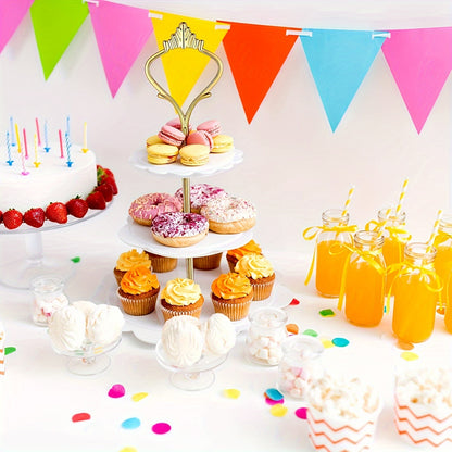 Cake stand hardware accessories including a 3-tier cake stand mold, crown resin crafts, perfect for weddings and parties. Ideal for serving cupcakes and desserts. Available in golden and silvery.