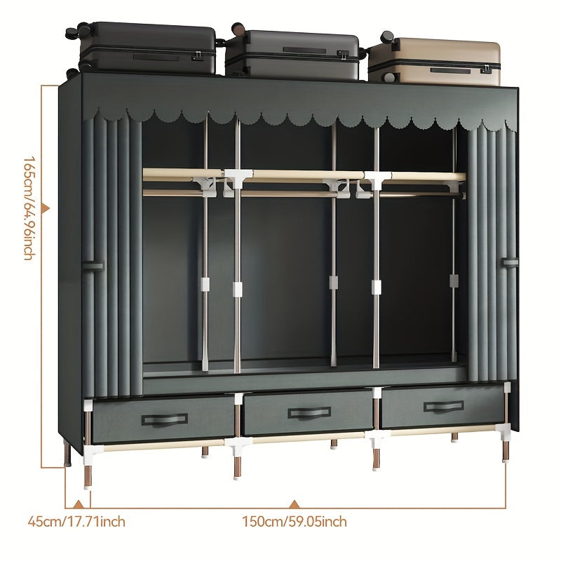 This modern wardrobe features a durable steel frame and sliding curtain for a sleek and space-saving design. Perfect for bedroom or dorm storage, this portable closet is both sturdy and stylish.