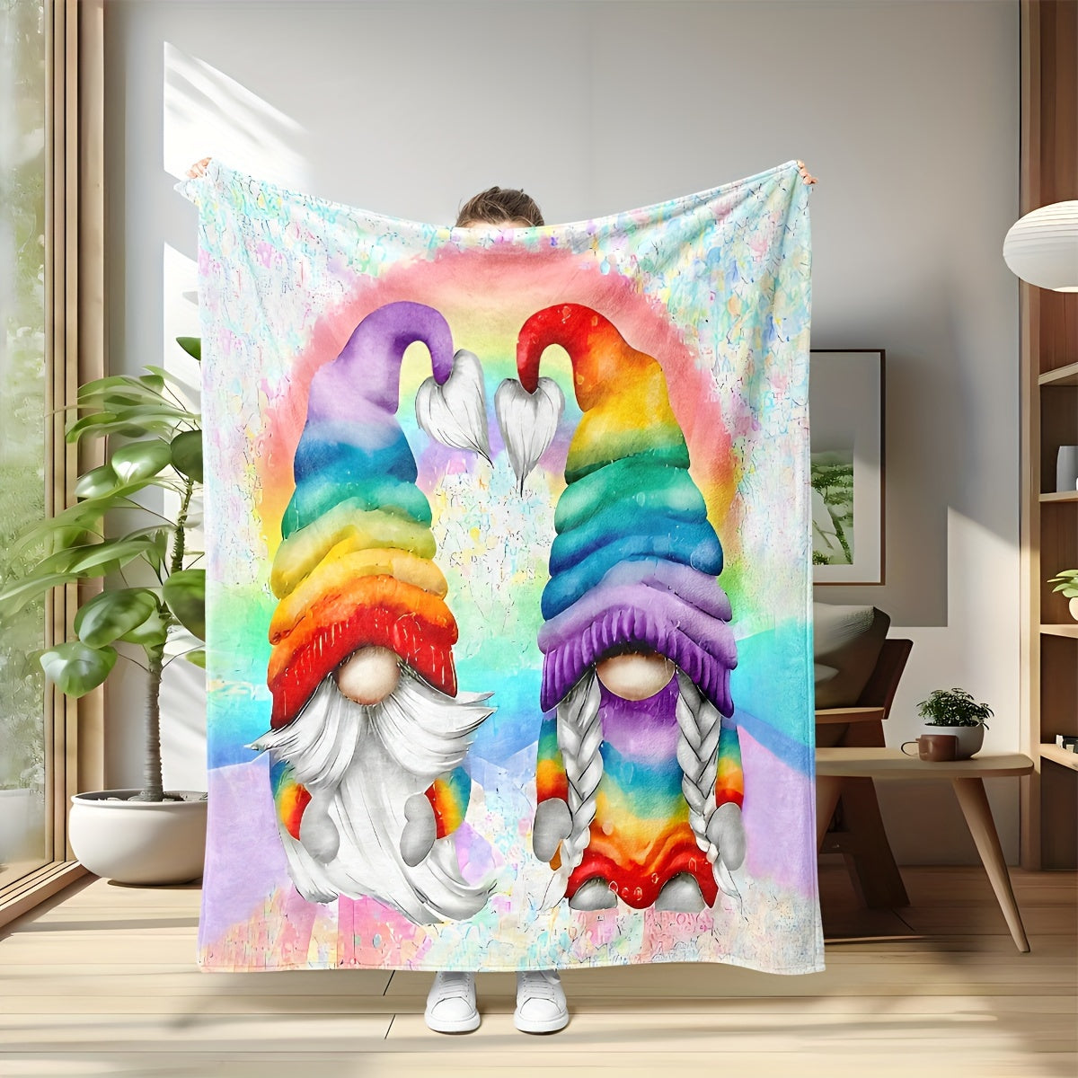 This cozy 1PC Contemporary Cartoon Gnome Throw Blanket is perfect for any sofa or bedroom. It is machine washable, stain resistant, and made of soft and warm knitted polyester. This decorative blanket can be used all year round and is ideal for travel