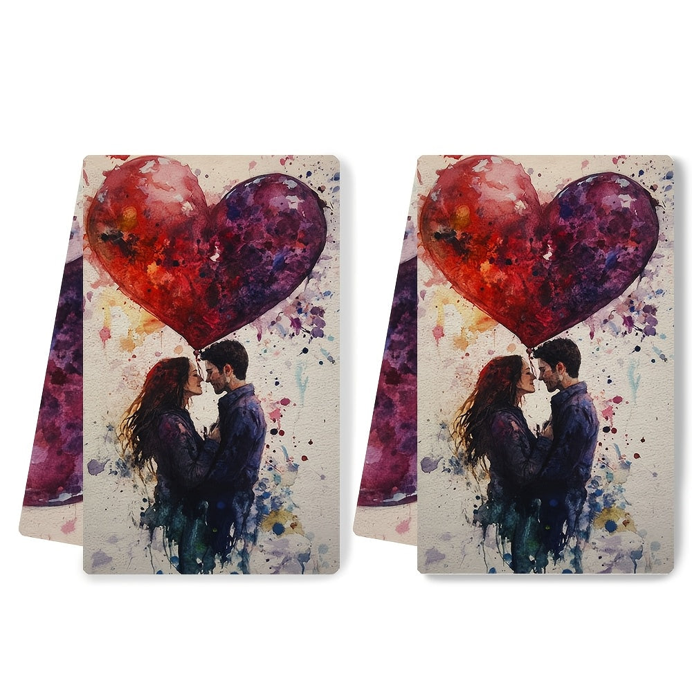 Set of 2 Romantic Heart Balloon Kitchen Towels - Made from Ultra Soft and Highly Absorbent Polyester, Machine Washable and Measures 40.64x60.96 cm - Features a Vibrant Artistic Design Perfect for Daily Use and Holiday Decoration, Dish Hand Towels