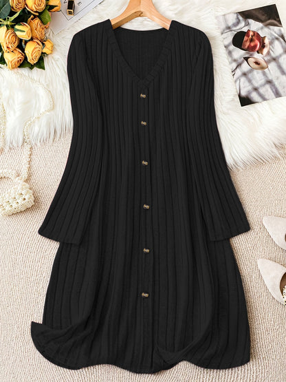 Solid color V-neck long sleeve dress made of stretchy polyester blend, perfect for casual fall/winter wear for women.