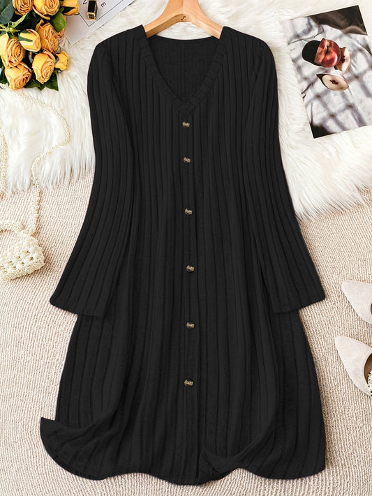 Solid color V-neck long sleeve dress made of stretchy polyester blend, perfect for casual fall/winter wear for women.