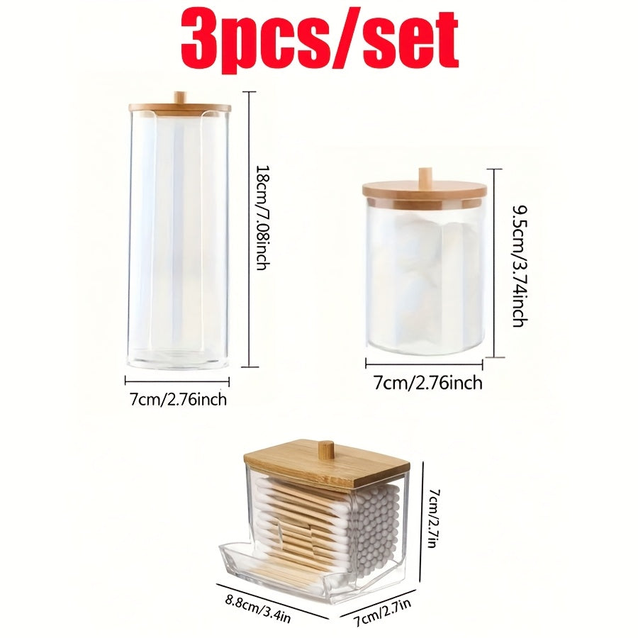 3 transparent storage jars with bamboo lids for organizing swabs, pads, and floss. Includes wooden dispenser box. Ideal for bathroom and home office organization.